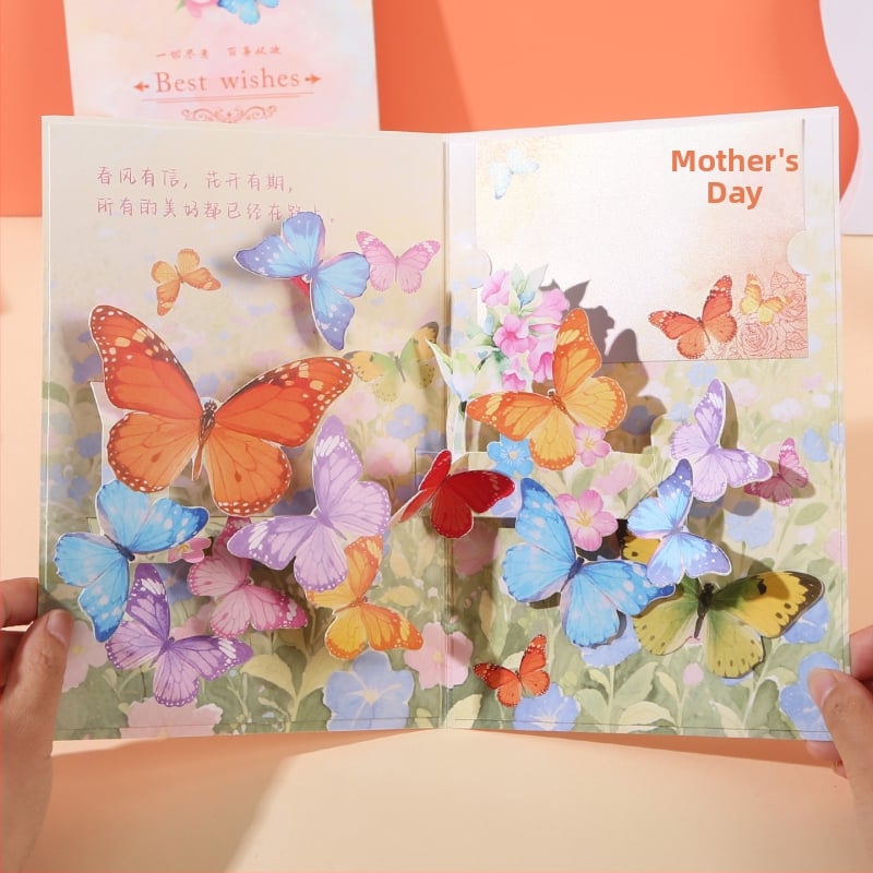 Card de felicitare 3D mobil pentru Ziua Femeii, cu fluturi pictați, lucrat manual pe hârtie perlată