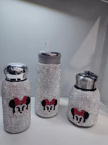 Termos mini decorat cu diamante, din oțel inoxidabil 304 interior, 201 exterior, dimensiune de buzunar, pentru femei
