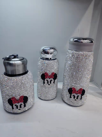 Termos mini decorat cu diamante, din oțel inoxidabil 304 interior, 201 exterior, dimensiune de buzunar, pentru femei