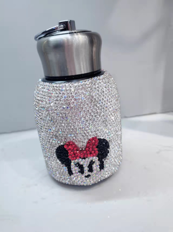 Termos mini decorat cu diamante, din oțel inoxidabil 304 interior, 201 exterior, dimensiune de buzunar, pentru femei