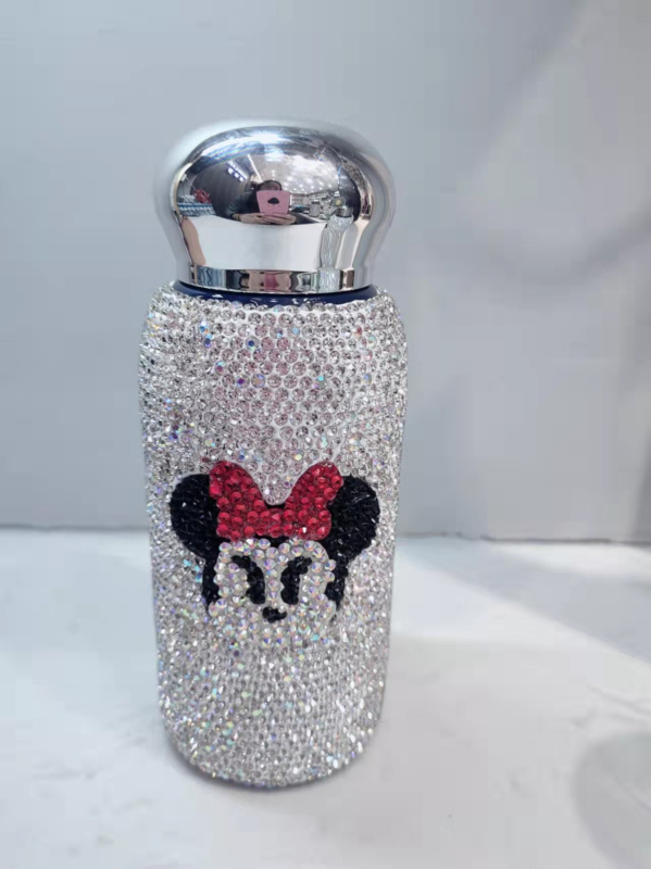 Termos mini decorat cu diamante, din oțel inoxidabil 304 interior, 201 exterior, dimensiune de buzunar, pentru femei