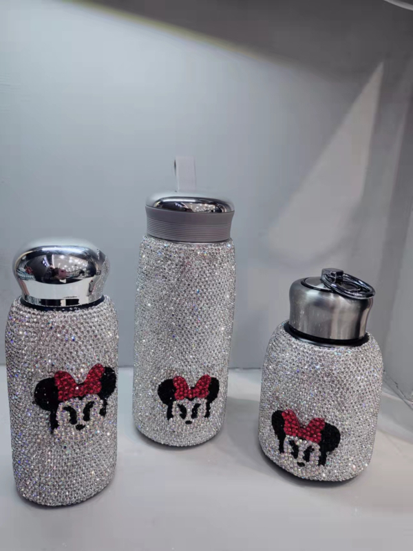 Termos mini decorat cu diamante, din oțel inoxidabil 304 interior, 201 exterior, dimensiune de buzunar, pentru femei