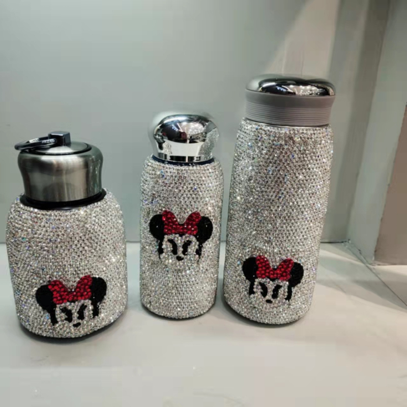 Termos mini decorat cu diamante, din oțel inoxidabil 304 interior, 201 exterior, dimensiune de buzunar, pentru femei