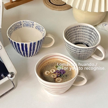 Cană ceramică cu stil vintage, lucrată manual, cu formă neregulată, pentru cafea, mic dejun cu ovăz, lapte, iaurt și lapte de soia.