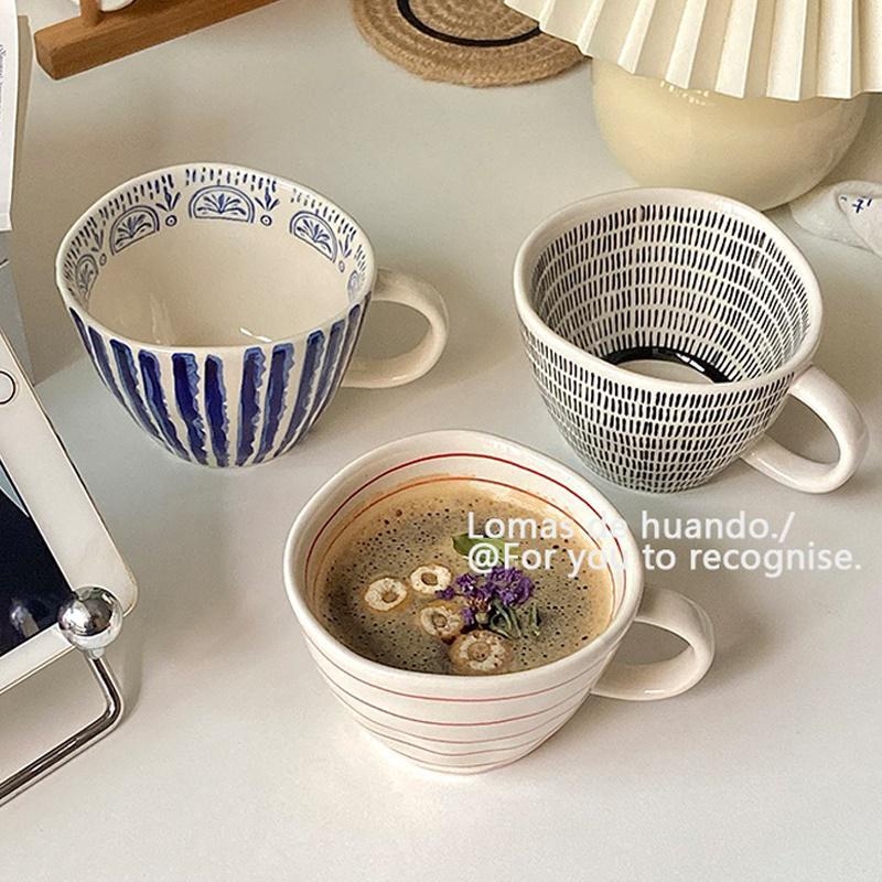 Cană ceramică cu stil vintage, lucrată manual, cu formă neregulată, pentru cafea, mic dejun cu ovăz, lapte, iaurt și lapte de soia.