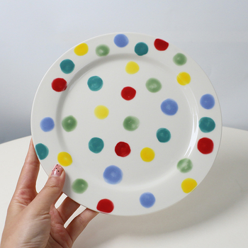 Set ceramic pictat manual: cană, farfurie și bol de orez cu buline colorate – veselă de bucătărie pentru cupluri
