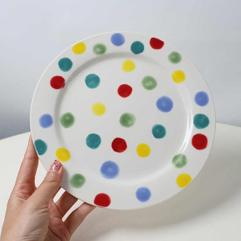 Set ceramic pictat manual: cană, farfurie și bol de orez cu buline colorate – veselă de bucătărie pentru cupluri
