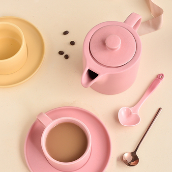 Cafetieră ceramică mată roz, culoare macarons roz, glazură roz – set cafea în stil european pentru sufragerie