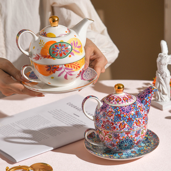 Set ceramic pentru cafea cu ceașcă și farfurioară, model fructat, pictură manuală, retro elegant, cadou într-o cutie