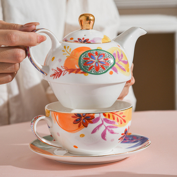 Set ceramic pentru cafea cu ceașcă și farfurioară, model fructat, pictură manuală, retro elegant, cadou într-o cutie