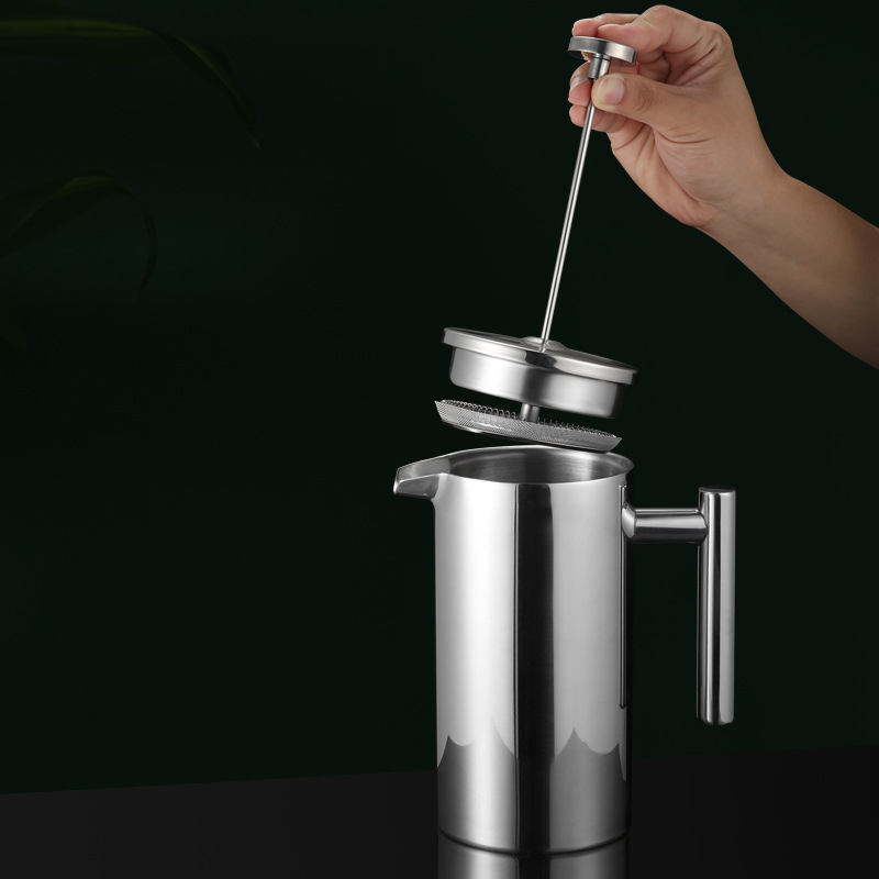 Cafetieră din oțel inoxidabil, cu dublu strat și filtru din plasă, pentru exterior — stil presă franțuzească