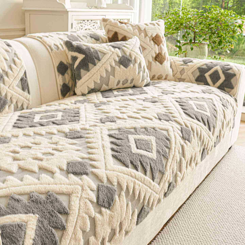 Pernă de canapea din velur de bumbac moale, stil toamnă-iarna 2026, aspect premium, anti-derapant, model geometric, pentru canapea de tip sectional