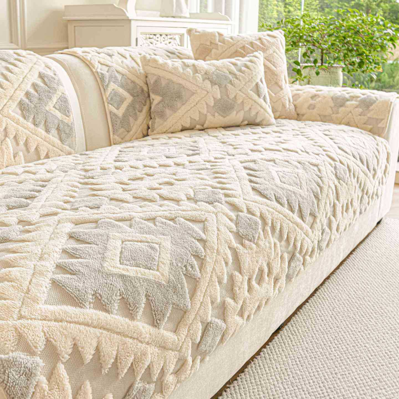 Pernă de canapea din velur de bumbac moale, stil toamnă-iarna 2026, aspect premium, anti-derapant, model geometric, pentru canapea de tip sectional