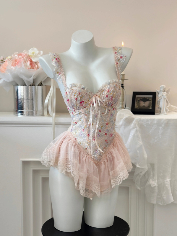 Rochie de noapte fără mâneci, cu imprimeu floral, cu bureți pentru sân, efect subțiere și push-up, mini lungime, stil Barbie drăguț
