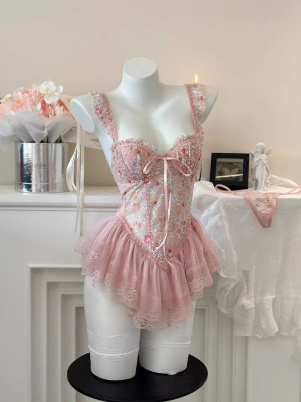 Rochie de noapte fără mâneci, cu imprimeu floral, cu bureți pentru sân, efect subțiere și push-up, mini lungime, stil Barbie drăguț