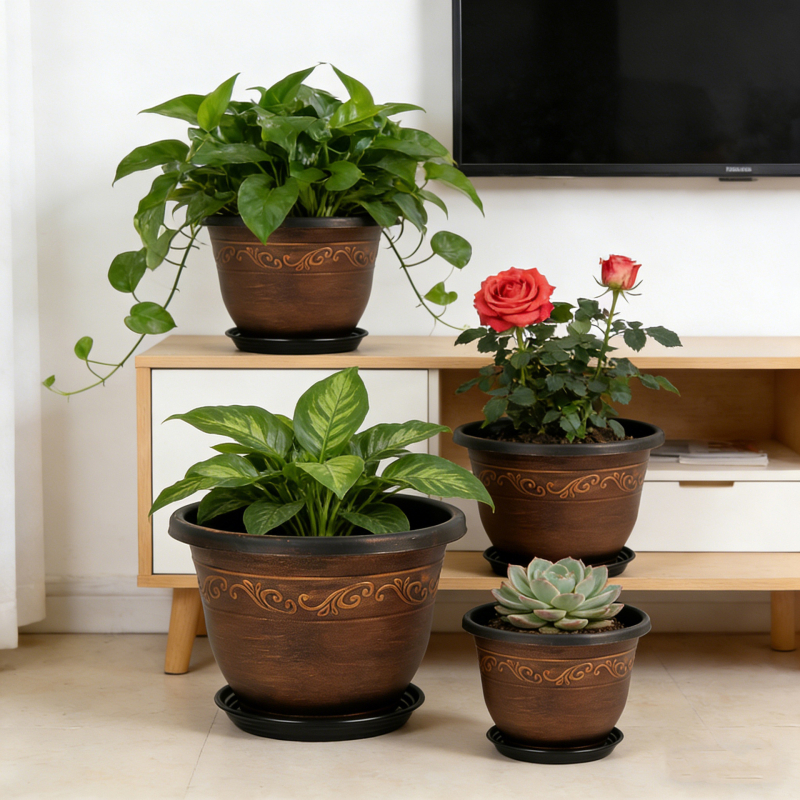 Ghiveci din rășină cu aspect cupru, diametru mare, întărit, stil clasic, pentru balcon și casă, potrivit pentru suculente și pothos