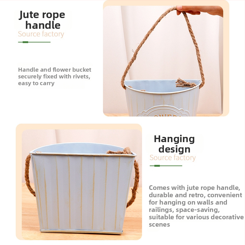 Vas de flori din fier, montat pe perete, cu frânghie de cânepă, găleată metalică suspendată pentru balcon, recipient decorativ pentru plante verzi