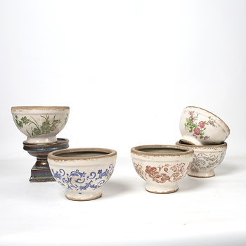 Ghiveci ceramic înalt, cu picior, glazură craquelé cu efect de gheață, stil vintage chino‑european pentru plante de interior