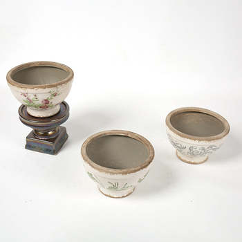Ghiveci ceramic înalt, cu picior, glazură craquelé cu efect de gheață, stil vintage chino‑european pentru plante de interior