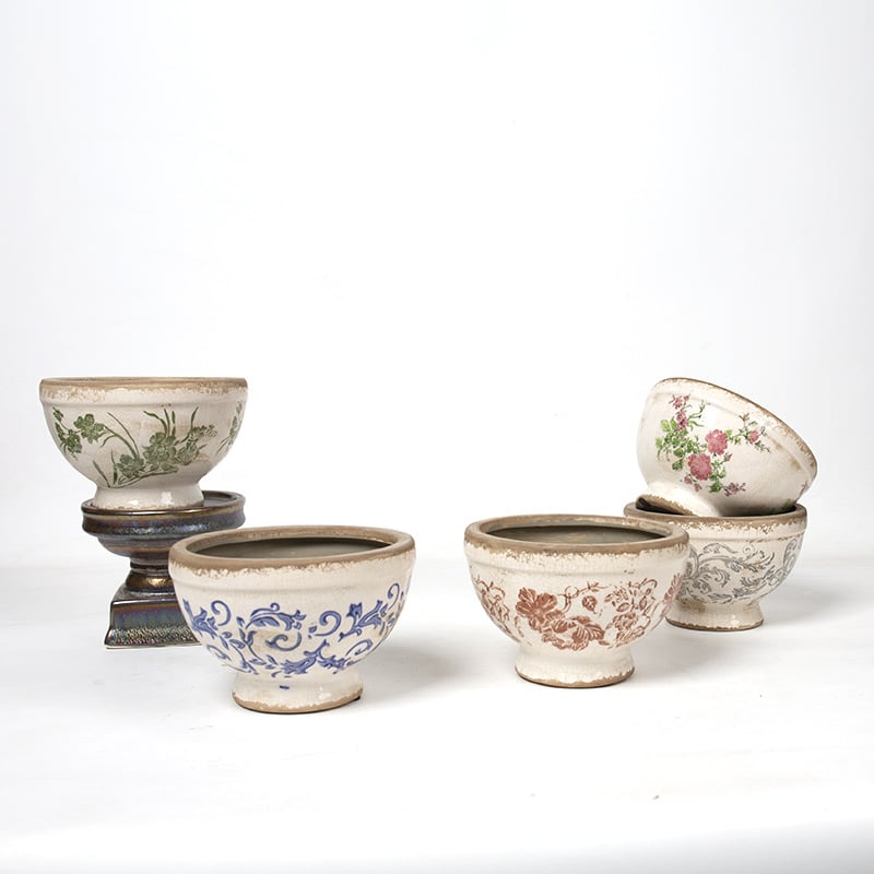 Ghiveci ceramic înalt, cu picior, glazură craquelé cu efect de gheață, stil vintage chino‑european pentru plante de interior