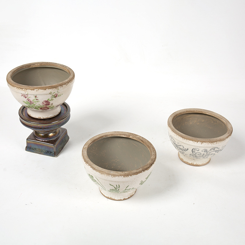 Ghiveci ceramic înalt, cu picior, glazură craquelé cu efect de gheață, stil vintage chino‑european pentru plante de interior