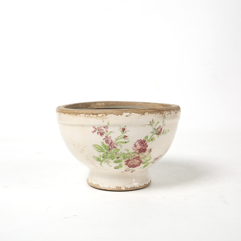 Ghiveci ceramic înalt, cu picior, glazură craquelé cu efect de gheață, stil vintage chino‑european pentru plante de interior