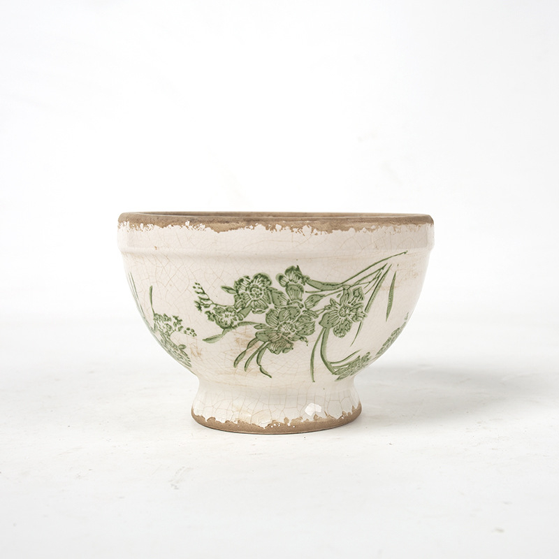 Ghiveci ceramic înalt, cu picior, glazură craquelé cu efect de gheață, stil vintage chino‑european pentru plante de interior