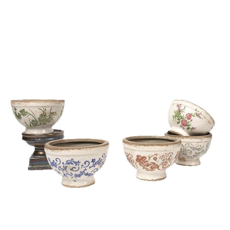 Ghiveci ceramic înalt, cu picior, glazură craquelé cu efect de gheață, stil vintage chino‑european pentru plante de interior