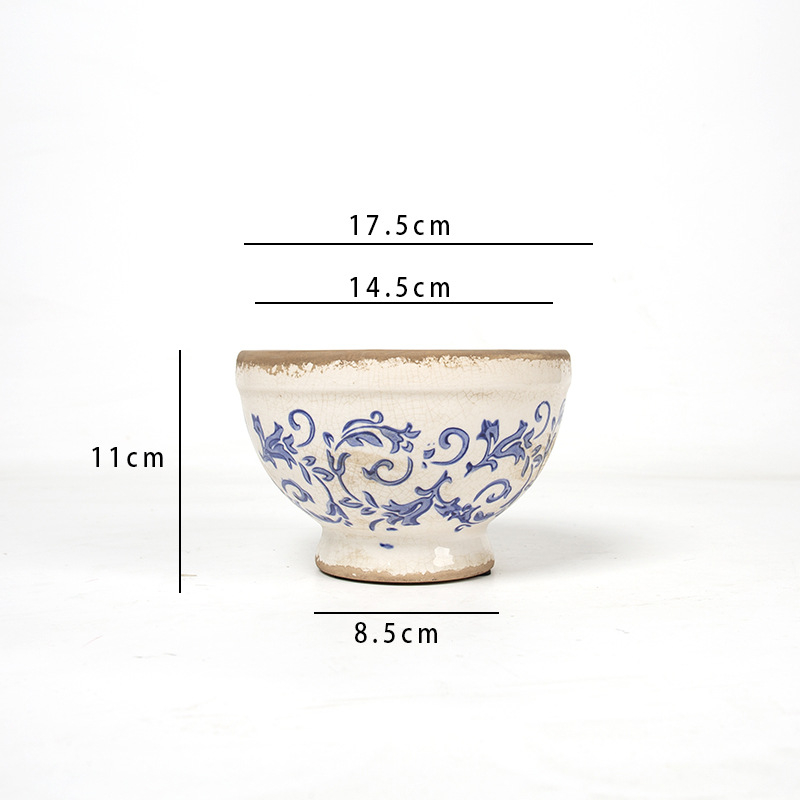 Ghiveci ceramic înalt, cu picior, glazură craquelé cu efect de gheață, stil vintage chino‑european pentru plante de interior