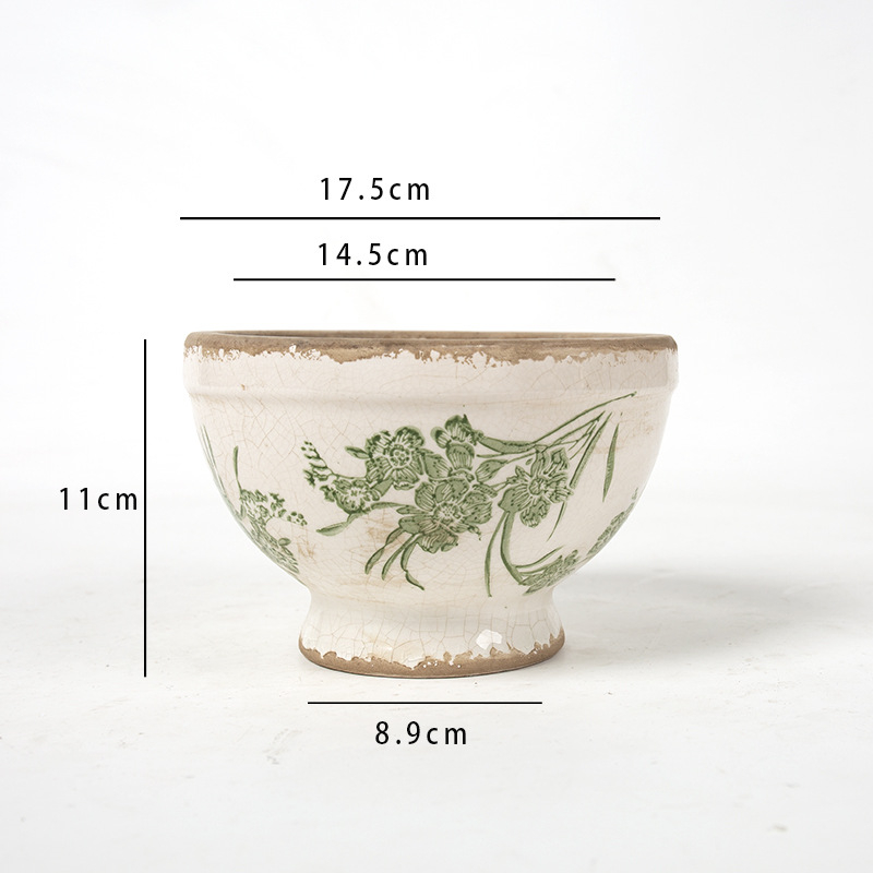 Ghiveci ceramic înalt, cu picior, glazură craquelé cu efect de gheață, stil vintage chino‑european pentru plante de interior