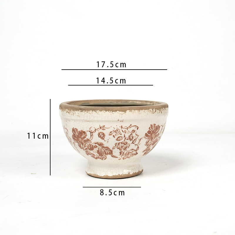 Ghiveci ceramic înalt, cu picior, glazură craquelé cu efect de gheață, stil vintage chino‑european pentru plante de interior