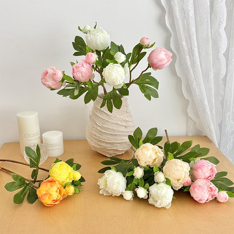Floare artificială de bujor în stil european, mini, cu două capete, pentru decor în casă și aranjamente de nuntă