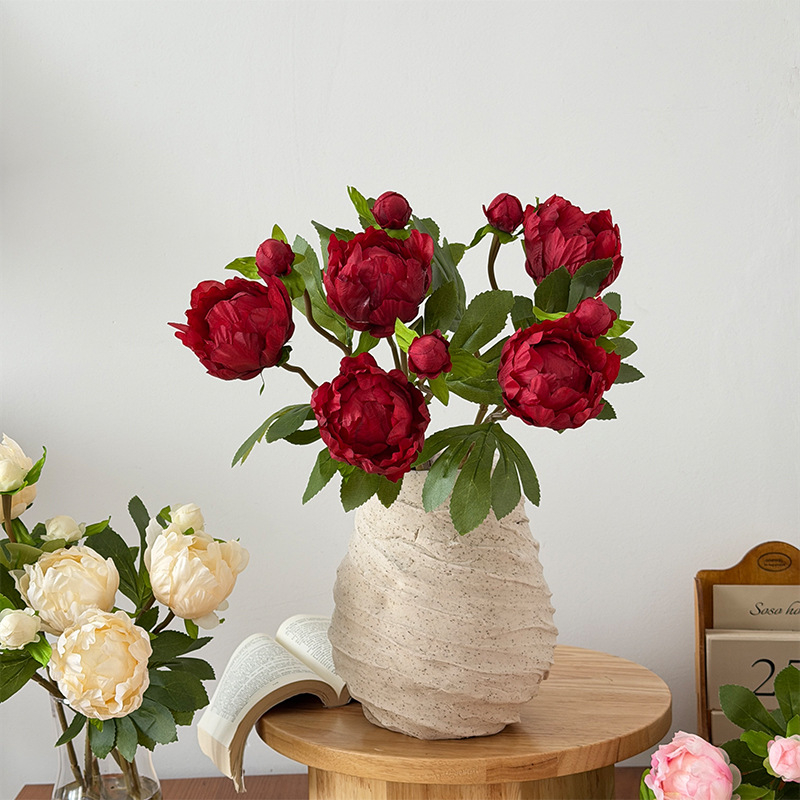 Floare artificială de bujor în stil european, mini, cu două capete, pentru decor în casă și aranjamente de nuntă