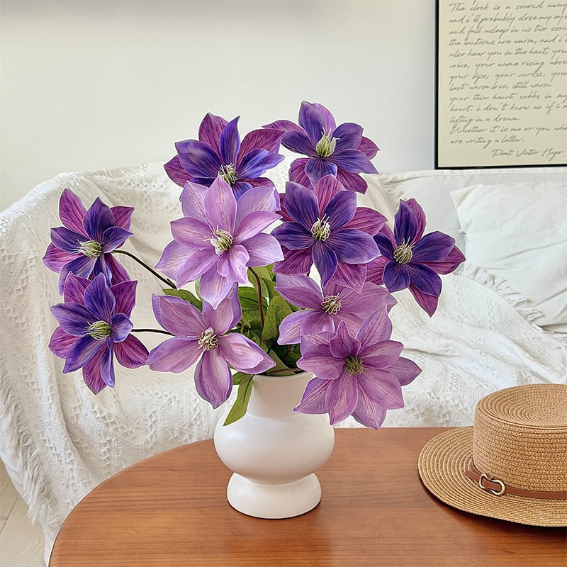 Flori Clematis imprimate 3D, cu două capete, artificiale, pentru decor acasă, aranjamente de nuntă și recuzită pentru ședințe foto