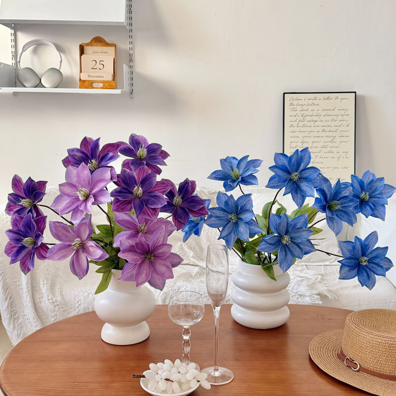 Flori Clematis imprimate 3D, cu două capete, artificiale, pentru decor acasă, aranjamente de nuntă și recuzită pentru ședințe foto