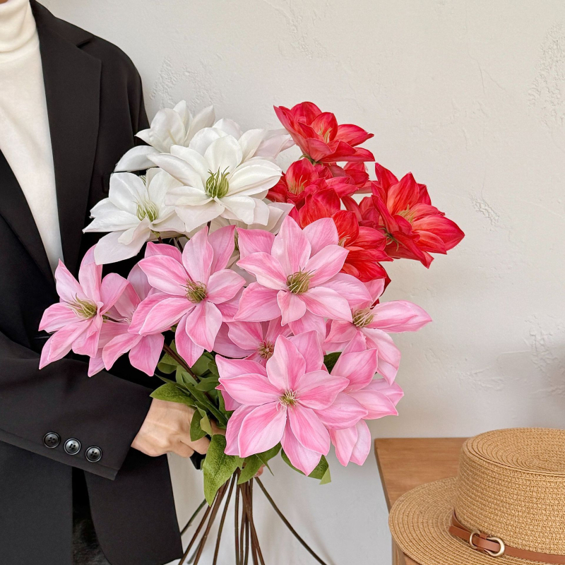 Flori Clematis imprimate 3D, cu două capete, artificiale, pentru decor acasă, aranjamente de nuntă și recuzită pentru ședințe foto