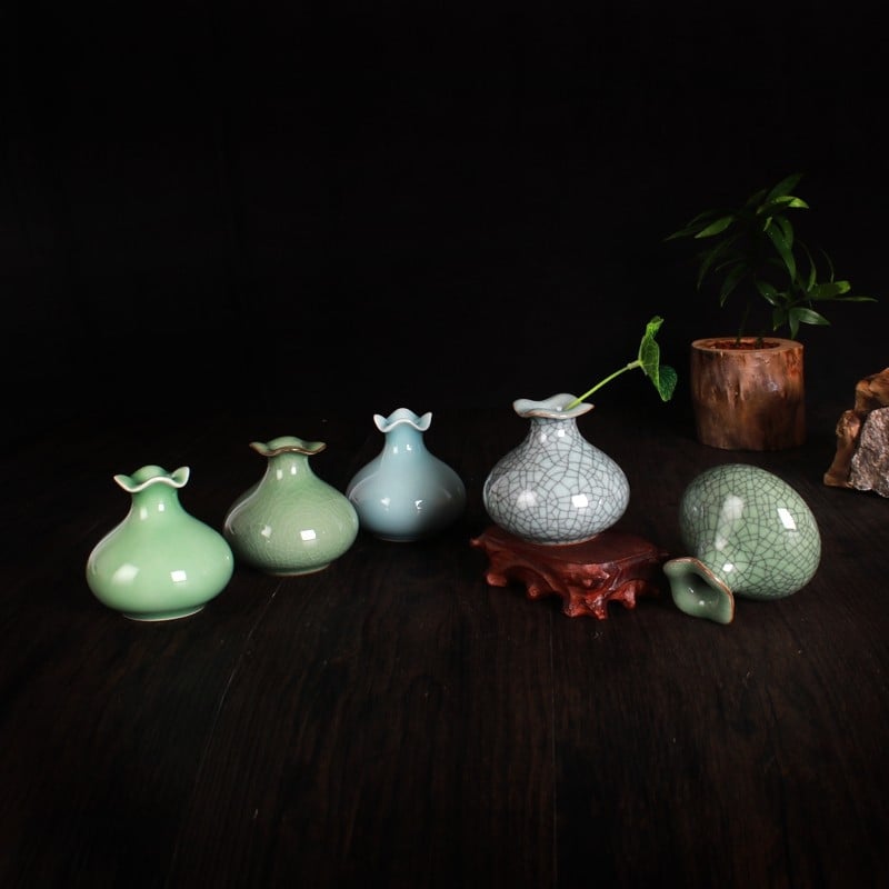 Vază ceramică celadon pentru aranjamente florale, recipient porțelan hidroponic în formă de rodie, vază mică.