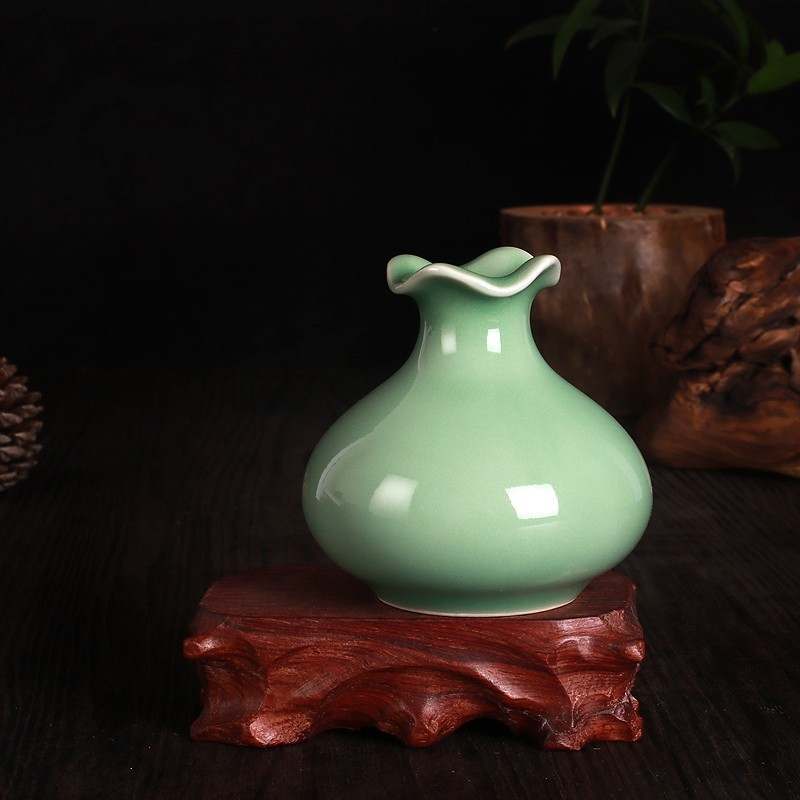 Vază ceramică celadon pentru aranjamente florale, recipient porțelan hidroponic în formă de rodie, vază mică.