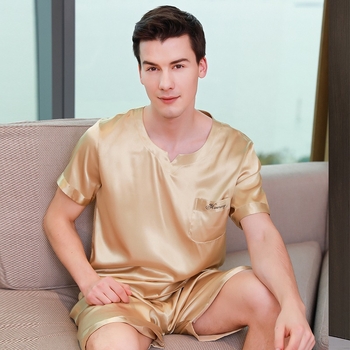 Yan Qinger Muške pidžame od Ice Silk - ljetni komplet s kratkim rukavima, tanki materijal, udobne široke šorceve, kućna odjeća