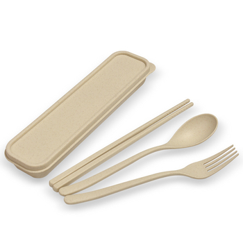 Set de tacâmuri din paie de grâu pentru camping și drumeții în aer liber: lingură, furculiță și bețișoare într-o cutie de prânz