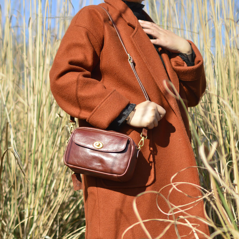 Ručna vintage ženska torbica od prave kože goveda, biljno obrađena koža, mala crossbody torbica, japanski stil, torba za mobitel