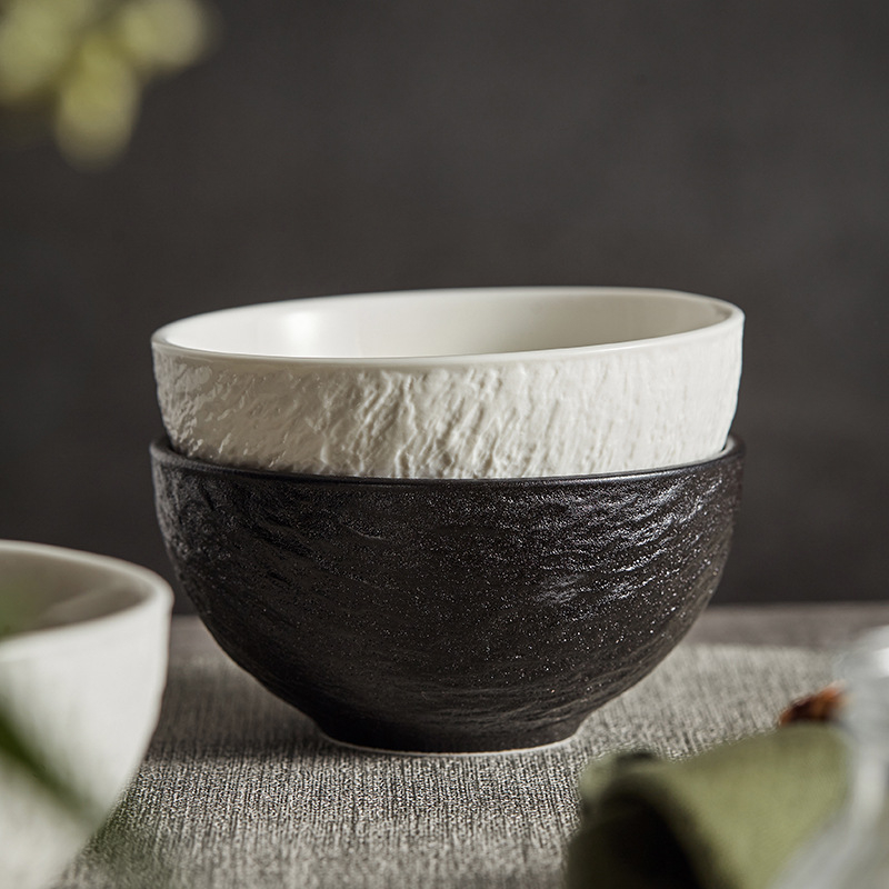Bol ceramic pentru orez, textură piatră moka, design modern minimalist, diametru 11–11,9 cm, compatibil cu microunde, potrivit pentru deserturi și fructe