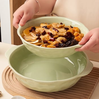 Bol ceramic mare cu mânere duble – formă neregulată, culoare sub glazură, design modern minimalist, compatibil cu microundele, diametru 20–20,9 cm, potrivit pentru supe și hot pot