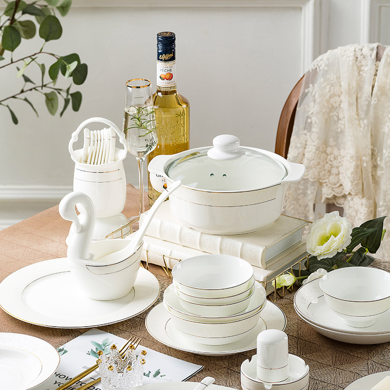 Set de veselă din porțelan de os – farfurii ceramice și boluri mici pentru bucătărie, design modern simplu