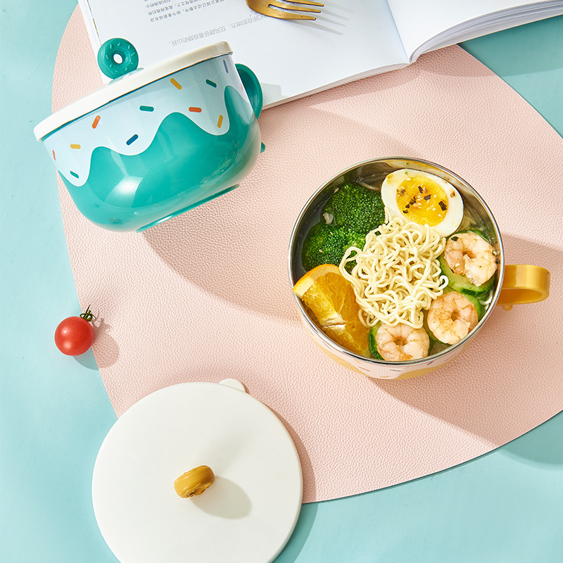 Bol pentru noodles cu capac, pentru cămin, set simplu și drăguț pentru studenți, set de tacâmuri pentru o singură persoană, utilizare casnică