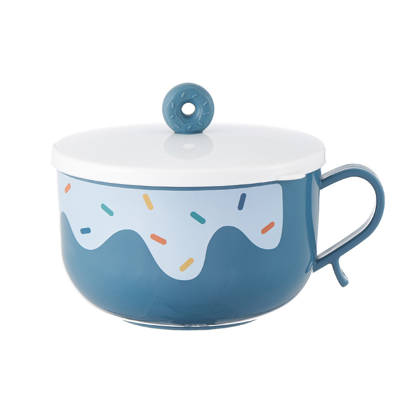 Bol pentru noodles cu capac, pentru cămin, set simplu și drăguț pentru studenți, set de tacâmuri pentru o singură persoană, utilizare casnică