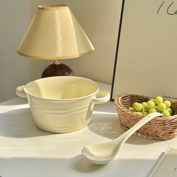 Bol mare pentru supă cu mâneri duble, bol din porțelan pentru noodles, bol pentru snail noodles, design elegant, cu lingură