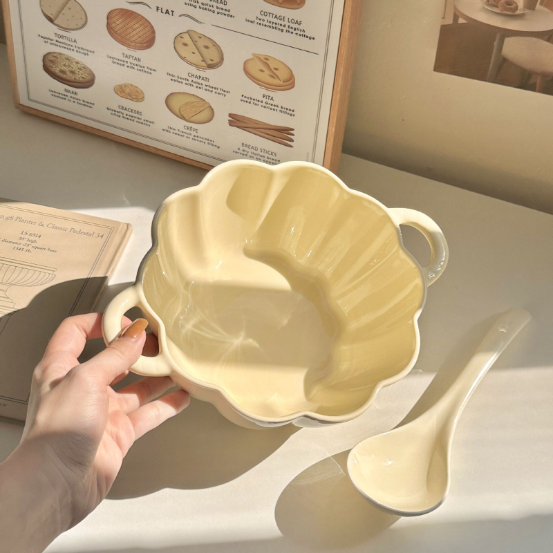 Bol mare pentru supă cu mâneri duble, bol din porțelan pentru noodles, bol pentru snail noodles, design elegant, cu lingură