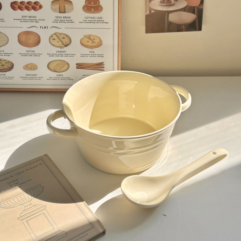 Bol mare pentru supă cu mâneri duble, bol din porțelan pentru noodles, bol pentru snail noodles, design elegant, cu lingură