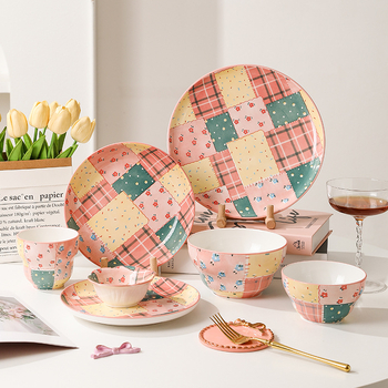 Set de veselă ceramică: boluri pentru orez și farfurii adânci, design multicolor sub glazură, rezistent la temperaturi înalte, 36 de piese